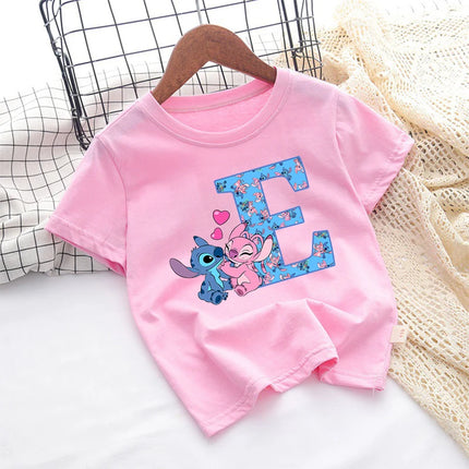Stitch Disney T Shirt for Girls Children Clothes Tops Children's Clothing Letter A-Z Cotton Short Sleeve Summer Child Cute Gifts