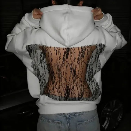 Y2K Hot Asweet Sexy Embroidered Floral Mesh Backless Hoodie Womens Black Semi Transparent Oversized Pullover Fashion Casual Tops
