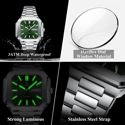 POEDAGAR Luxury Square Male Watch Waterproof Luminous Date Week Quartz Watches For Men Stainless Steel Fashion Men's Clock Reloj