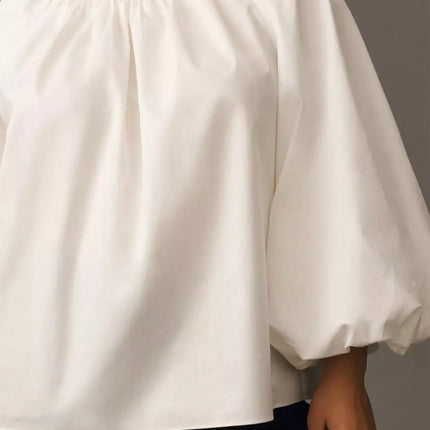 Women Plus Size Round Neck Elegant Solid Tops Lantern Long Sleeve Loose Fashion Blouse Shirt, Button Back