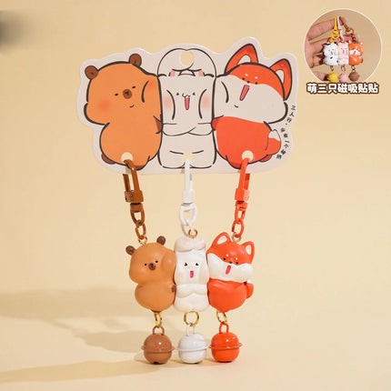 3Pcs Cartoon Rabbit Holding Fox Hug Puppy Keychain Magnetic Snap Animal Keys Chain Sets for Couple Friends Gift Keyring