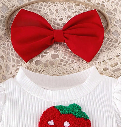 0-18M Baby Strawberry Bodysuit Dresses For Girls Long Sleeve Red Romper Newborns Onesies With Baby Socks Headband Clothing