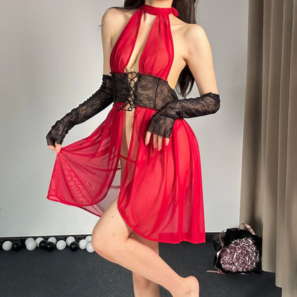 Southeast Asia Hot Sale Elegant Lady Style Stretchable Mesh Deep V Front Opening Lace-up Waist Cincher Sexy Dress