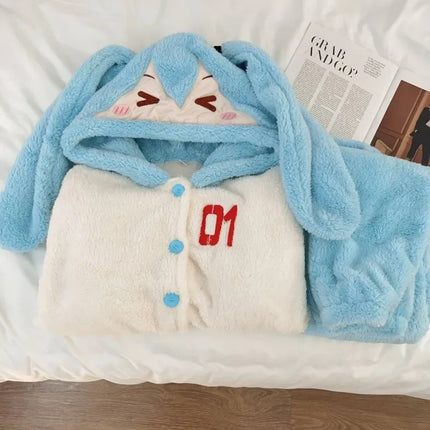 Hatsune Miku Cartoon Animation Peripherals Cute Coral Velvet Long-Sleeved Hooded Pajamas Winter Thickened Warm Home and Outing Set