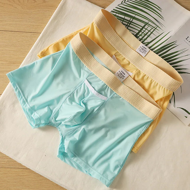Summer Men's Boxers Underwear with Open Pockets Ultra-thin Breathable Ice Silk Panties Sports Quick Dry Cool Slim Home Shorts