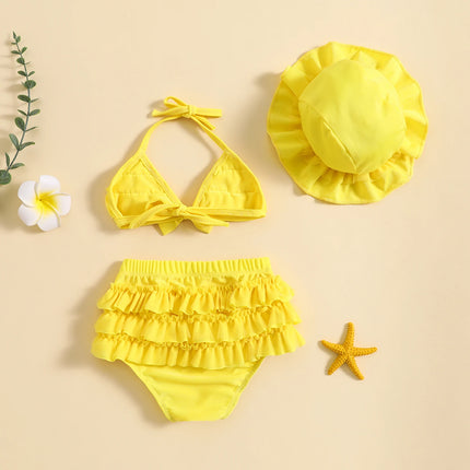 Infant Baby Girls Summer Swimwear Lovely Bowknot Halter Neck Vest Tops+Layered Ruffle Tutu Shorts+Swim Hat Baby 3PCS Beachwear
