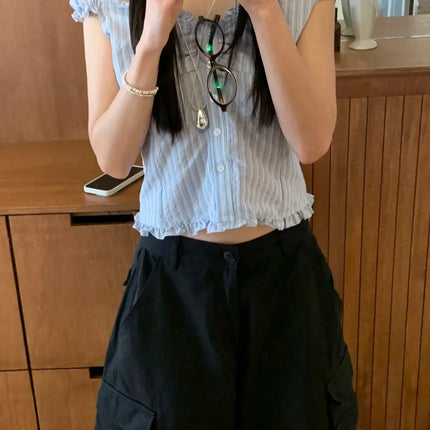 Korean Sle ort Striped Vest Women Summer Outerwear Subtle Design Single Button Lobone Trendy Age-Defng Top