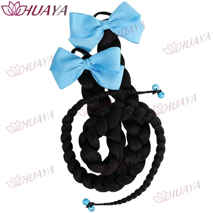 2‑Pack Women's Synthetic 24‑Inch Long Black Braid Ponytail Hair Extensions, Bow Hair Ties, Straight Braid Hair Pieces, Re‑Stylab