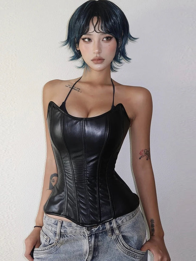 Sisterlinda Sexy Patchwork Tank Top Women Fashion Casual Faux Leather Sleeveless Irregular Hem Coquette Midnight Party Club Vest
