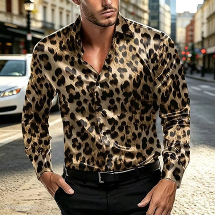 Men's satin leopard print long sleeved shirt, luxurious glossy button up shirt, nightclub party casual fashion shirt