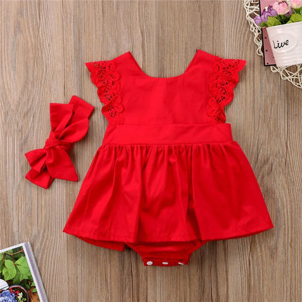 0-24months Baby Girls Clothes Set Floral Dress Lace Bodysuit Sleeveless Romper + Bow Headband infant girls Summer Outfits