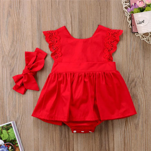 0-24months Baby Girls Clothes Set Floral Dress Lace Bodysuit Sleeveless Romper + Bow Headband infant girls Summer Outfits