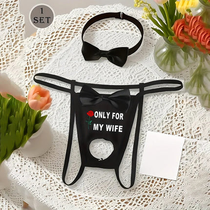 Sexy Bow Crotchless Thong Men's Hollow Lingerie Panties with Bow Collar Set Tuxedo Waiter Server G-String Costume Cosplay Outfit