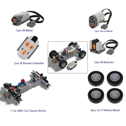 4WD Technical RC Car Chassis Electric Bricks Four-Wheel Kit with IR Remote Control/M Servo Motor/AA Battery Box for legoed MOC