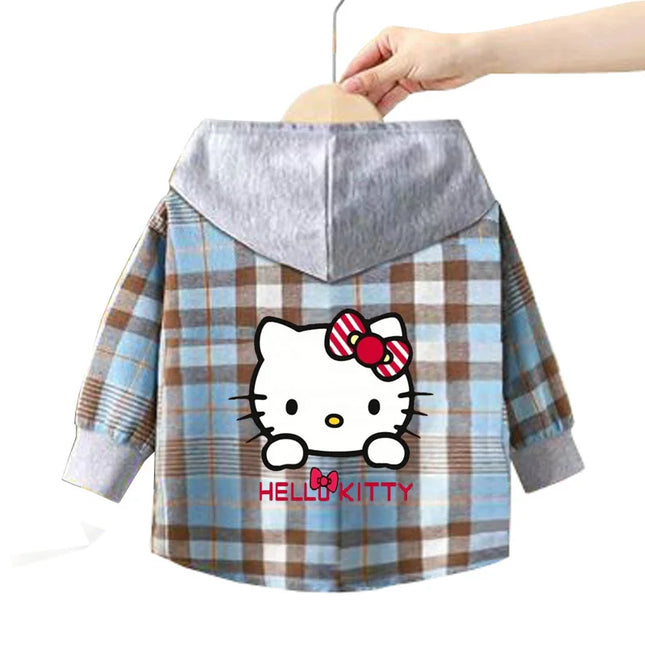 Spring and Autumn Children's Sanrio Cinnamoroll Shirts 1-12 Year Girls Checkered Hooded Blouse Fashion Cartoon Shirt Sweater