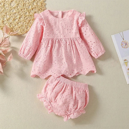 Long-sleeved Short Skirt Suit Casual Fashion Girls Openwork Oattern Design Solid Color Two-piece for Spring and Autumn Wear