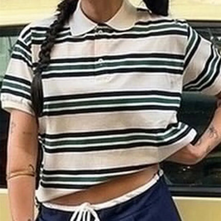 Women Summer Basic T-Shirt Casual Striped Print Lapel Short Sleeve Tops For Streetwear Aesthetic Grunge Clothes Hot Sale S-XL