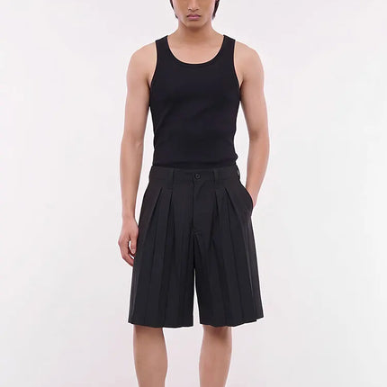 Mauroicardi Spring Summer Soft Black Pleated Shorts for Men High Waist Elegant Luxury Knee Length Straight Pants Clothes 2026