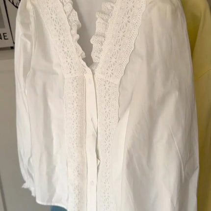 Lace Ruffles Sweet White Shirt Women Elegant Long Sleeve Vintage Korean Blouse Fall Casual Stand Collar Female Retro Tops