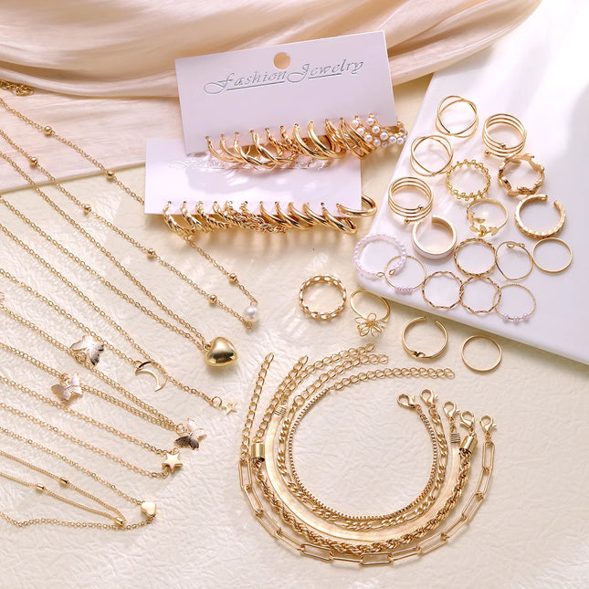 67 Pcs/Set Boho Style Metal Earrings Necklaces Rings Bracelets Multi Piece Jewelry Set For Women Daily Wear New 2024 Fashion