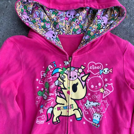 Retro Harajuku Top Unicorn Print Zipper Hoodie Women's Hip Hop High Street Versatile Cartoon Pattern Hoodie Casual Streetwear