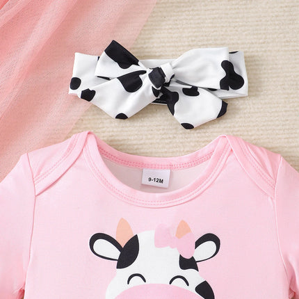3PCS Cute Cow Pattern Baby Girl Clothes Set Short Sleeve Bodysuit+Short Skirt+Headband Summer Daily Wear for 1-18 Months Toddler