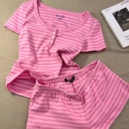 Pink Striped Collection Tshirt Women Simple Casual Cotton Buttons T-shirts Sweet Cute Preppy Style Camisole+Slim Short Pants Y2K