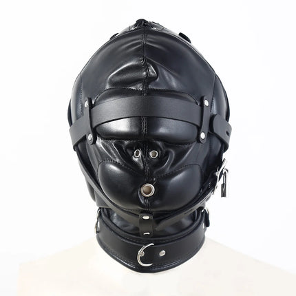 BDSM Adult Cosplay Games PU Leather Black Mask Hood Halloween Party Bondage Face Cover Sexy Fetish Full Head Hood With Lock