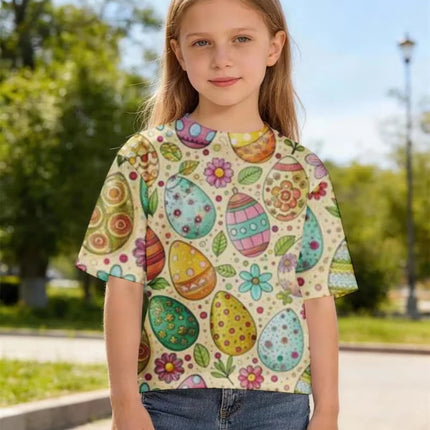 Children's Bunny Easter T-Shirt Fashion Short Sleeve Round Neck Regular Top Holiday Cute Rabbits Eggs Print Summer Girls Clothes