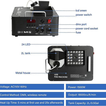 1500W Vertical Spray Smoke Machine Remote Control Fog Machine Special Effect Stage Equipment for DJ Disco Party Wedding