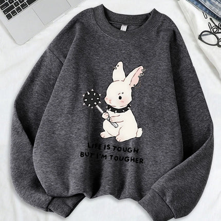 Cute Punk Style Rabbit Printing Sweatshirts Women Soft Fleece Warm Hoodie Winter Loose Pullover Casual Crewneck Woman Clothes