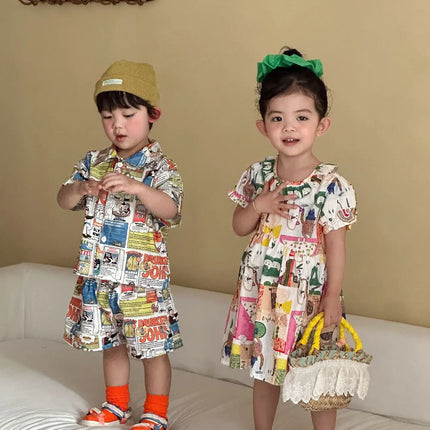 RAISE Children Summer Shirts Outfits Boys Vacation Suit 2026 Kids Girls Print Dress Brother Sister Outfits Siblings Matching Set