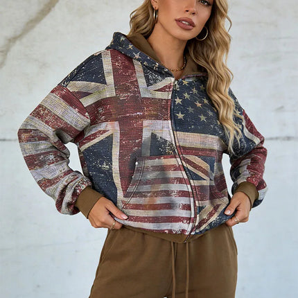 2026 New Women's Zipper Hoodie Retro Flag Printed Hoodie Sportswear Casual Street Wear Y2K Long Sleeve Top