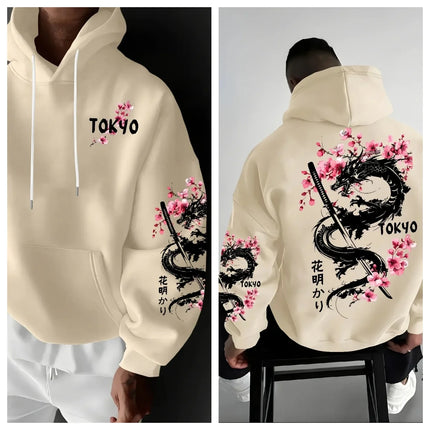 Trendy men's anime dragon and cherry blossom print hooded sweatshirt for casual street comfort, inspired design hoodie