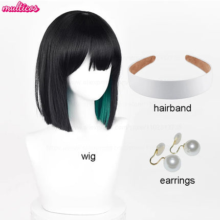 High Quality Anime Sua Cosplay Wig 30cm Black Green Mixed Bobo Heat Resistant Synthetic Hair Halloween Role Play Wigs + Wig Cap