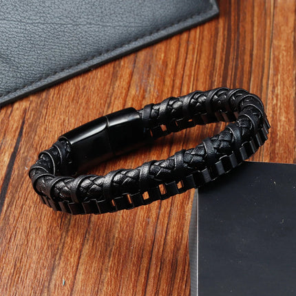 Classic Stainless Steel Leather Bracelet For Mens Chain Wristband Business Charm Jewelry Accessories for Dad Boyfriend
