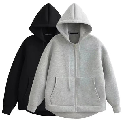 HH Autumn Women Casual Hooded Jacket Loose Oversize Zipper Hoodie Sweatshirts Solid Coat Office Lady Chic Outwear Tops