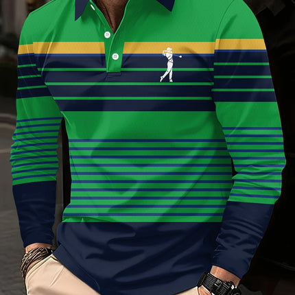 Men's long-sleeved striped polo shirt, men's high tie button, double-sided German velvet shirt for winter