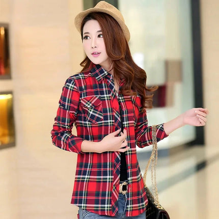 Slim Fit Plaid Long Sleeve Women's Shirt Qiang Yixuan Brand Autumn New Korean Version Cotton Button-Up Shirt