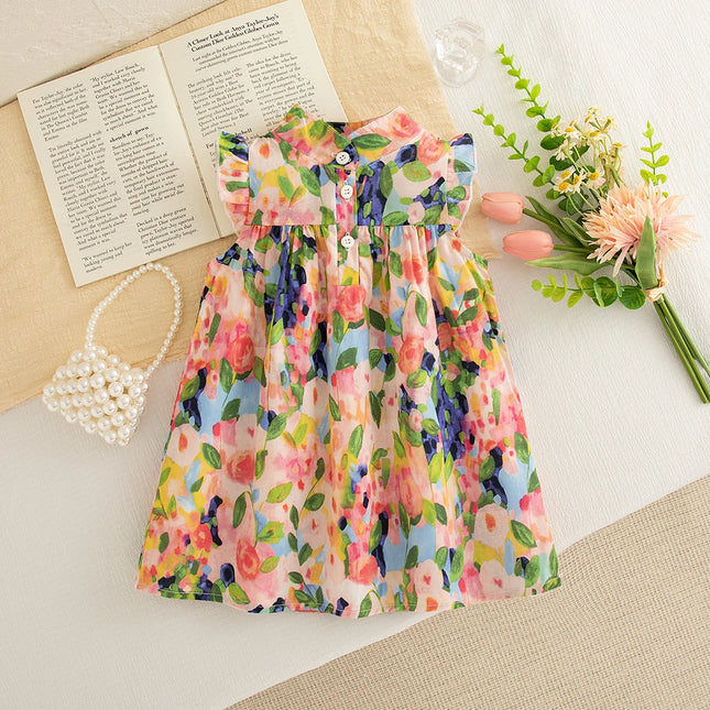 Baby Girl Dress, Summer New Sweet Flower Ruffled Sleeve Children's Sleeveless Clothes Suitable For 0-3 Years Old
