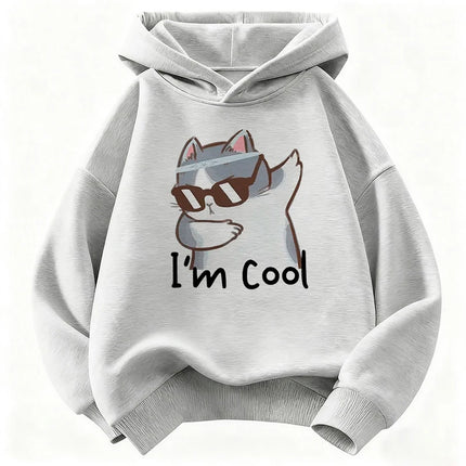 I Am Cool Cat Printed Pullover Hooded Kids Children's Sweatshirt Cute Hoody for Boys Girls Autumn Spring Casual Hoodies