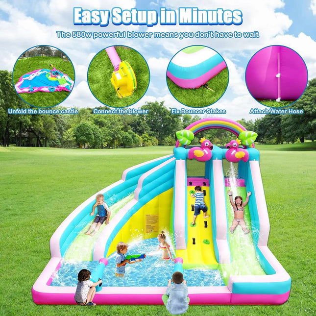 SkyBounce Inflatable Bounce House Water Slide 6 in 1 Blow Up Water Park Water Slides Splash Pool Blower Waterslide Backyard