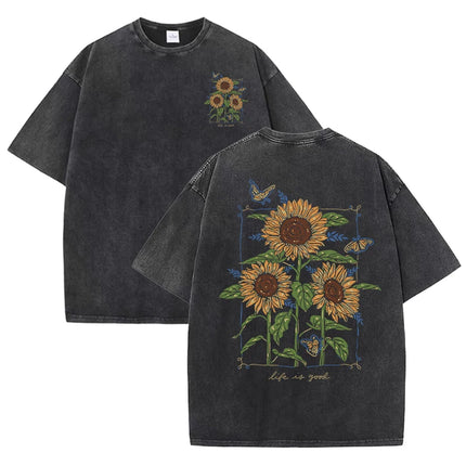 Lift Is Good Beautiful Sunflower Print Washed T-Shirts Women Soft Cotton T-Shirt Street Creative Short Sleeve Summer Casual Tops