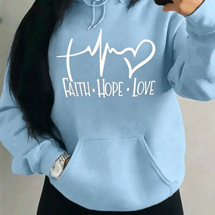 Fashion Faith Hope Love Letter Graphic Hoodies Women Loose Oversized Heart Pulse Print  Sweatshirt Black Daily Casual Hoody