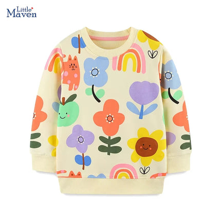 Little maven Cartoon Rainbow Flowers Girls Long Sleeve Tops for Kids Clothes Autumn Spring Sweatshirts Children's Clothing