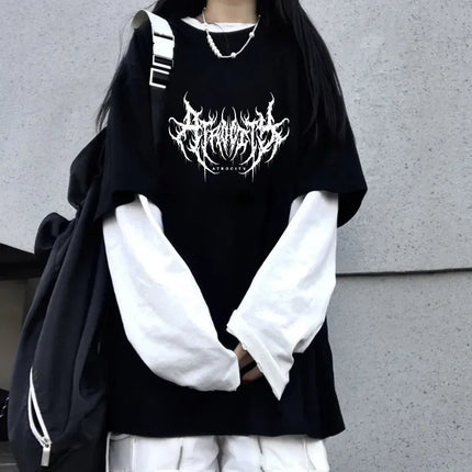 Women Atrocity Print Graphic Fake Two Long Sleeved T-shirts Fashion Gothic Retro Casual Loose Fake Two Long Sleeved T Shirt