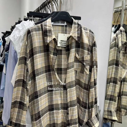 Loose Long-Sleeve Shirt Women's Korean Style Plaid Versatile Shirt with Belt, Slimming Effect, Early Autumn New Style Dongdaemun