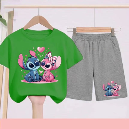 Kids Disney Stitch Print Summer Cute Breathable Tees + Shorts 2pcs 3-12 Years Boy Girls Round-neck Set Children Leisure Clothing