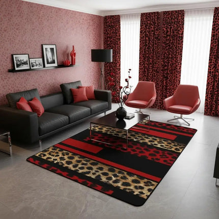 Striped Red Leopard Area Rug, Color Block Wild Animal Hide Print, Non-Slip Washable Mat for Living Room Sofa Dining Room Indoor