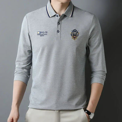New Men's Long-sleeved Cotton Polo Shirt Fashion Embroidery Casual Bottom Pullover Shirts Tops Men's Clothing